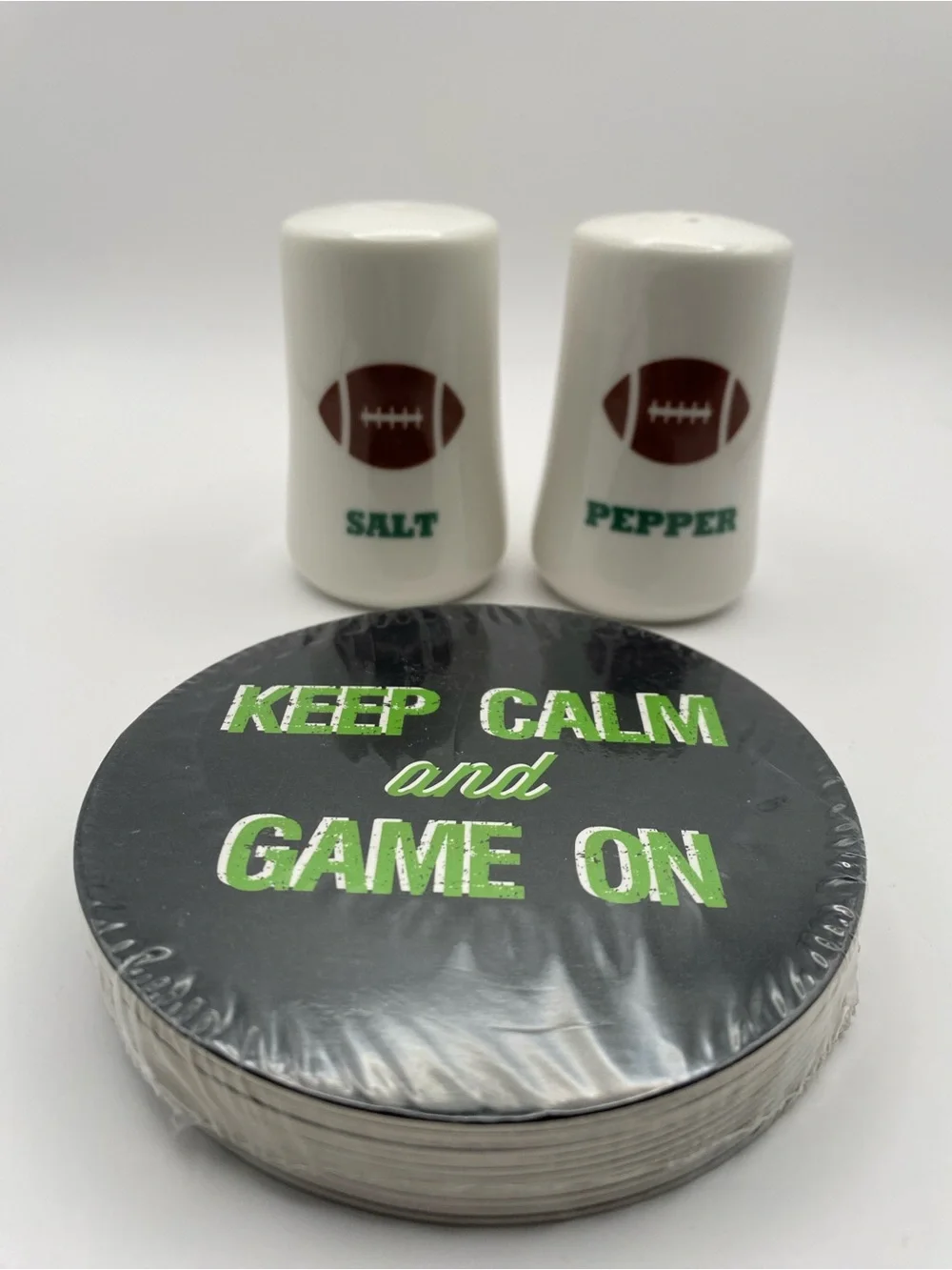 Keep Calm and Game On Black Coasters with White Football Salt & Pepper Shakers